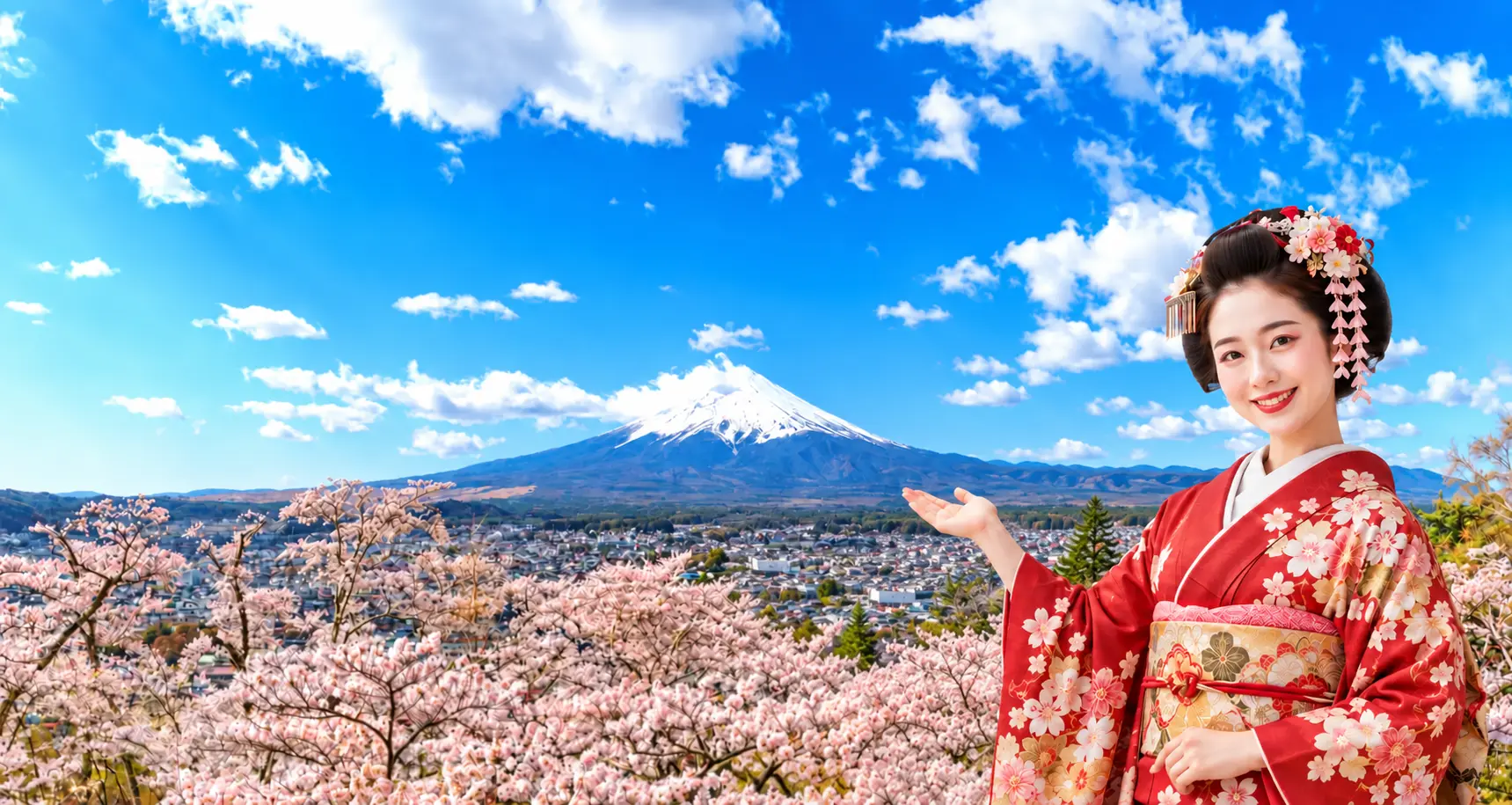 A Japanese geisha welcoming travelers with Mount Fuji and cherry blossoms behind her
