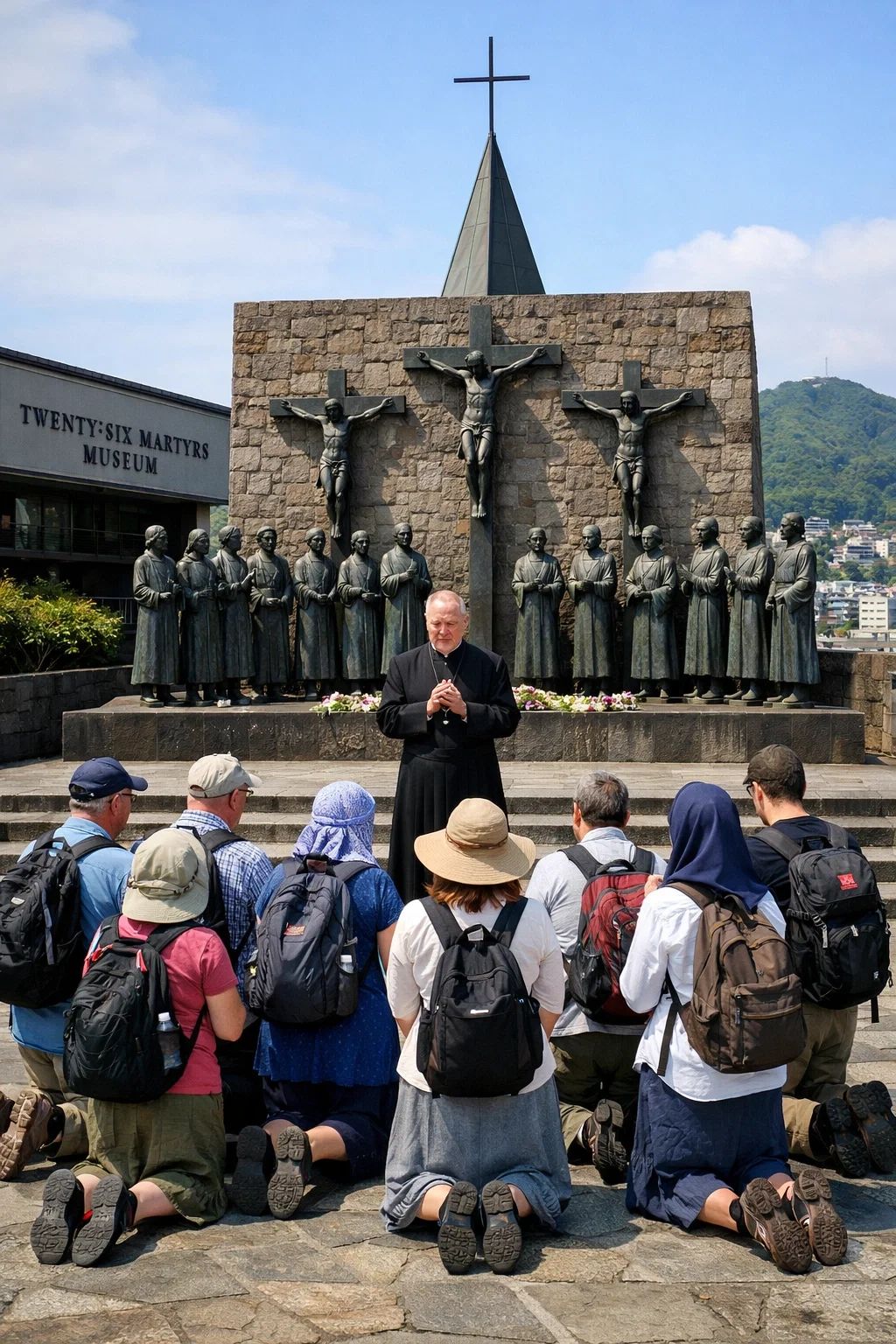 Pilgrims praying at the Twenty-Six Martyrs Monument in Nagasaki